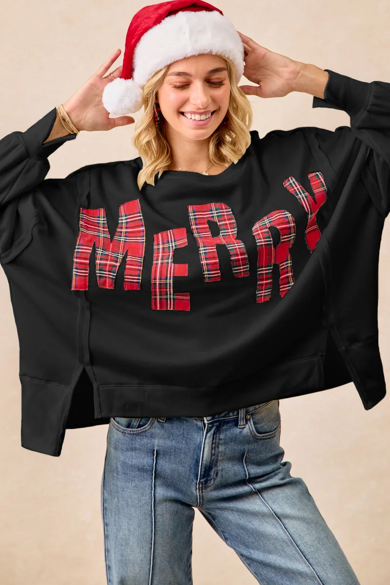 IT3426G-18 | CHRISTMAS PLAID MERRY LETTERING FLEECE SWEATSHIRT Relaxed Comfort