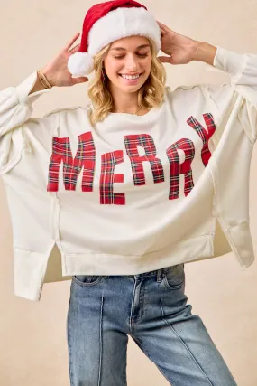 IT3426G-18 | CHRISTMAS PLAID MERRY LETTERING FLEECE SWEATSHIRT Air Circulation Classic Fit