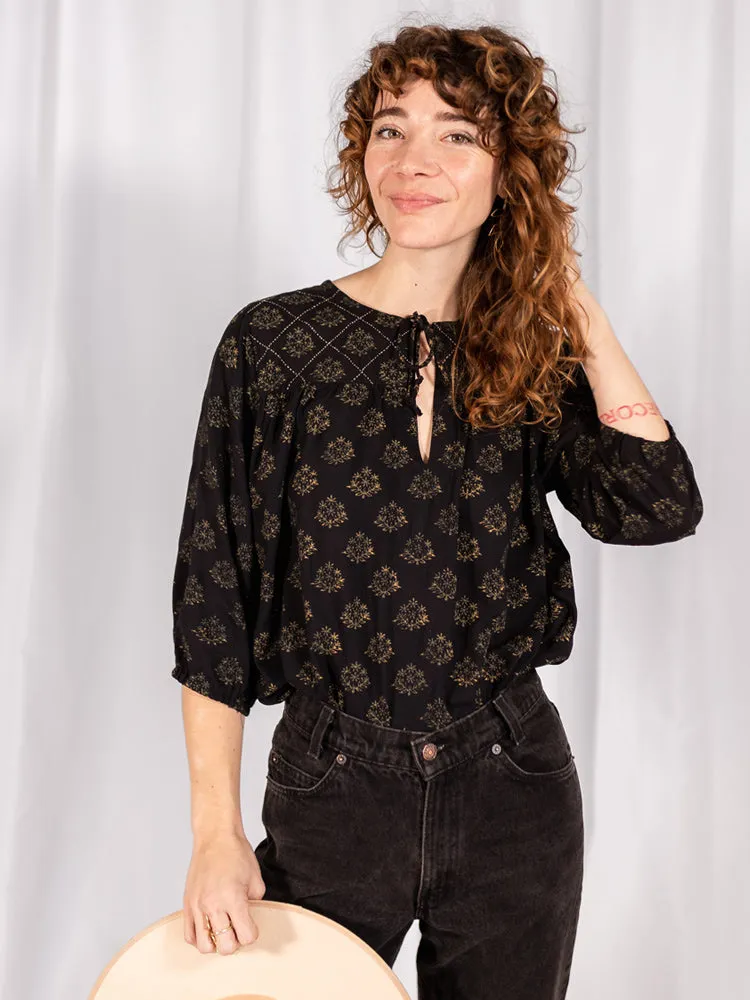 Devi Blouse - Floral Stamp Black High Collar Option EthicallySourced