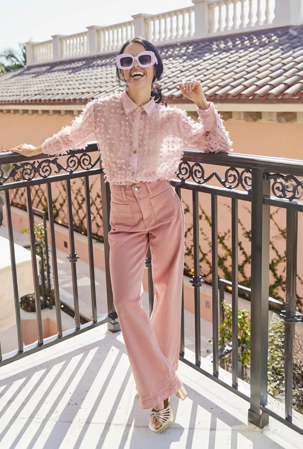 Mel Button Down Shirt - Blush Bows Stylish Jacket