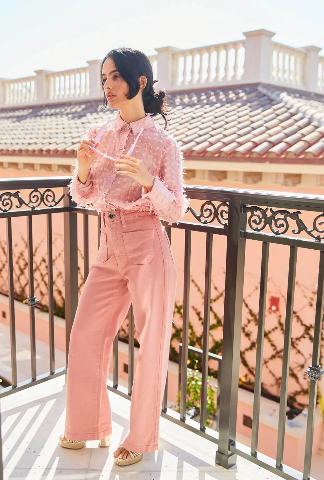 Mel Button Down Shirt - Blush Bows Layered Collar Ribbed Hem