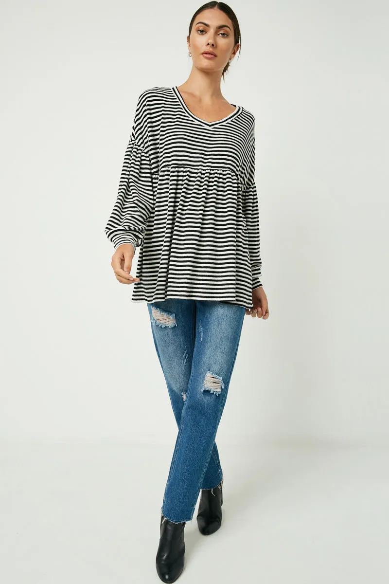QuickPackFoldableDesign Striped Knit Puff Sleeve Peplum Top