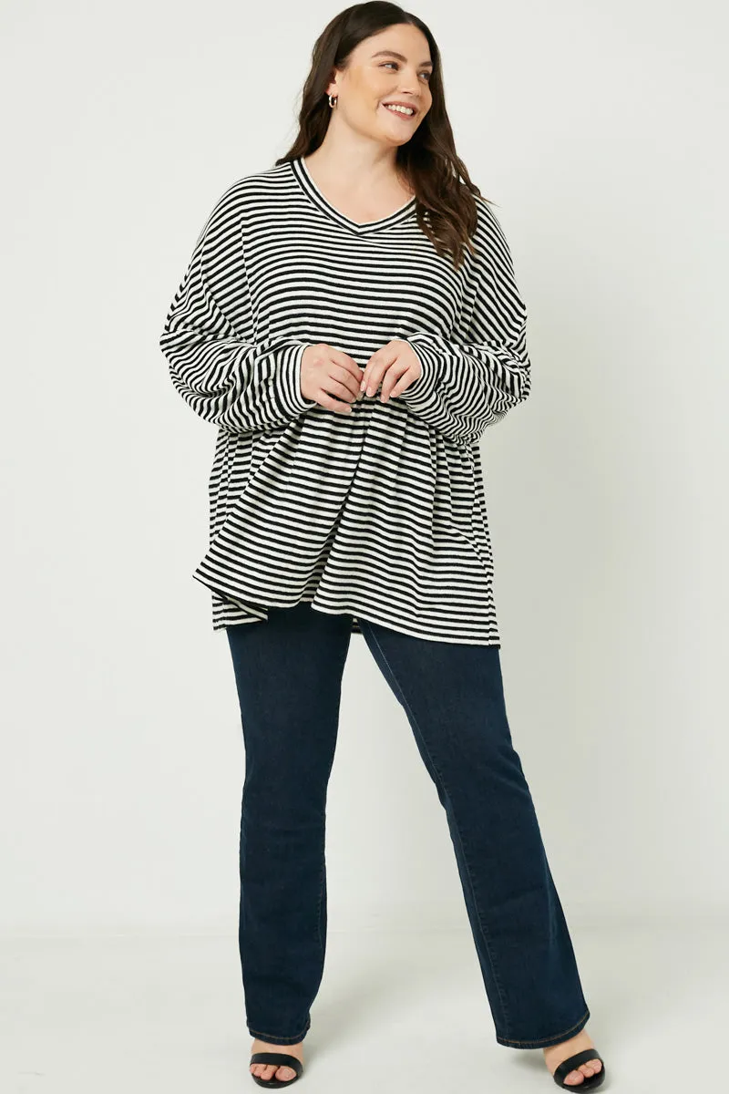 Unstructured Silhouette Stain Repellent Coating Striped Knit Puff Sleeve Peplum Top