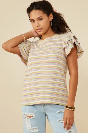 Striped Ruffled Cap Sleeve Knit Top Interlock Stitch Detail Bold Design