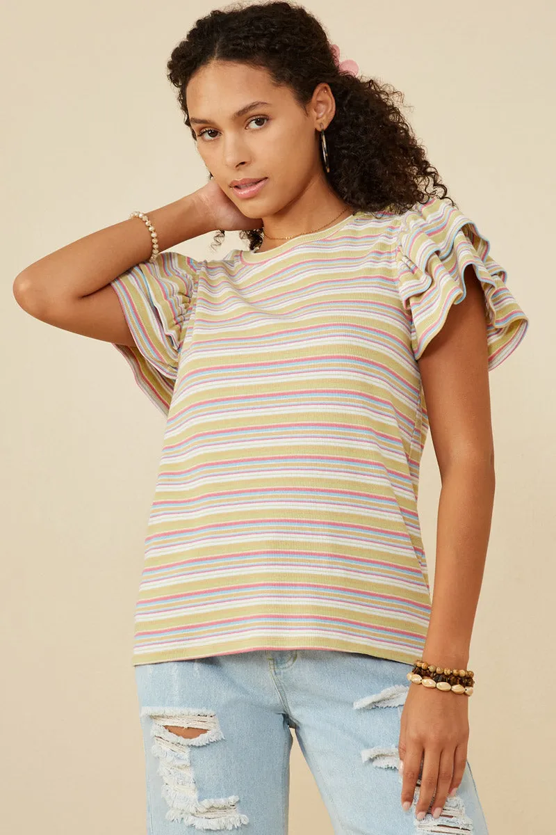 FlexibleRibbedTrims Striped Ruffled Cap Sleeve Knit Top