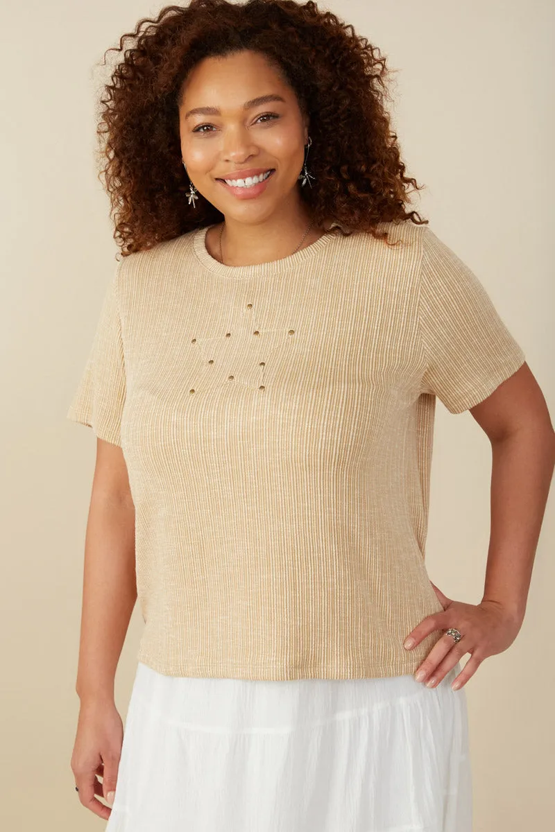 Studded Star Patch Textured Knit T Shirt ZeroWaste Construction