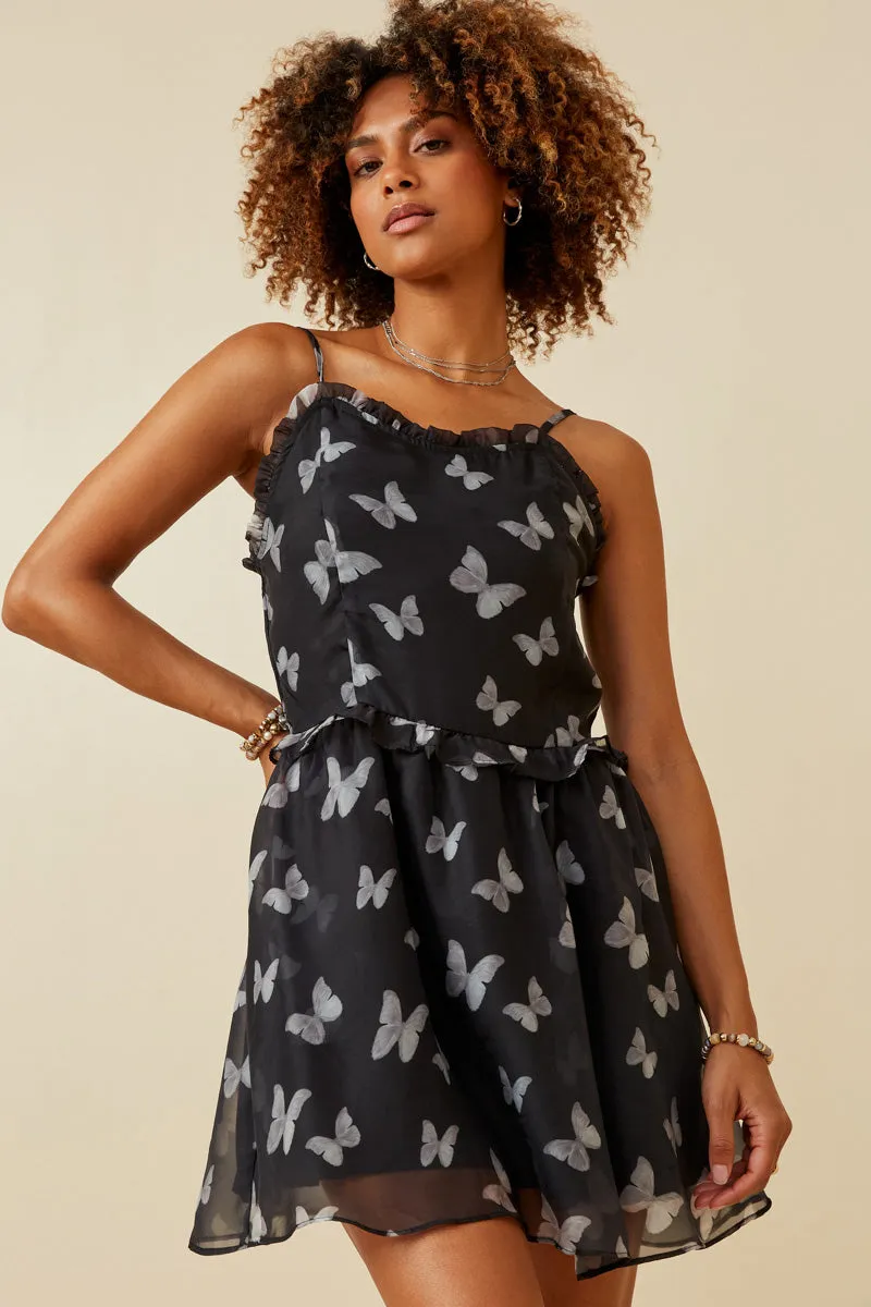 Light Finish Smock Detail Butterfly Print Chiffon Dress