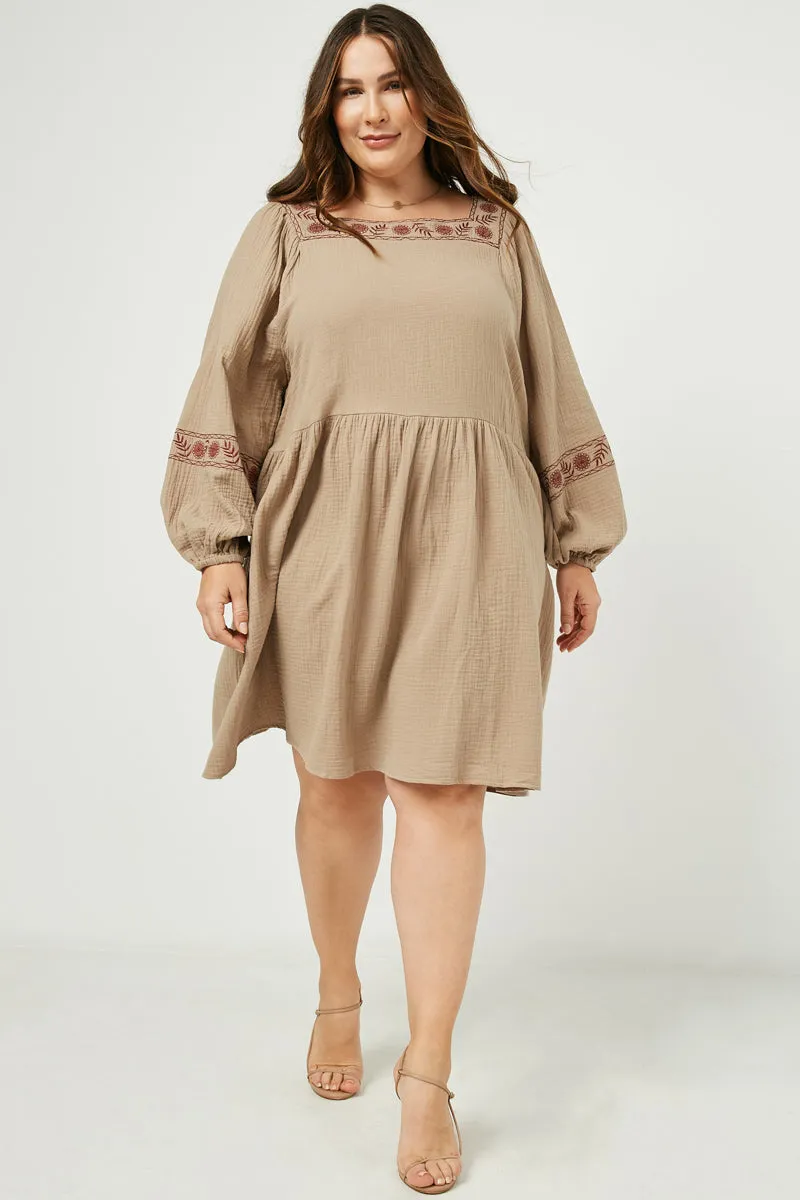 Embroidered Square Neck and Sleeve Dress Hip-Flattering
