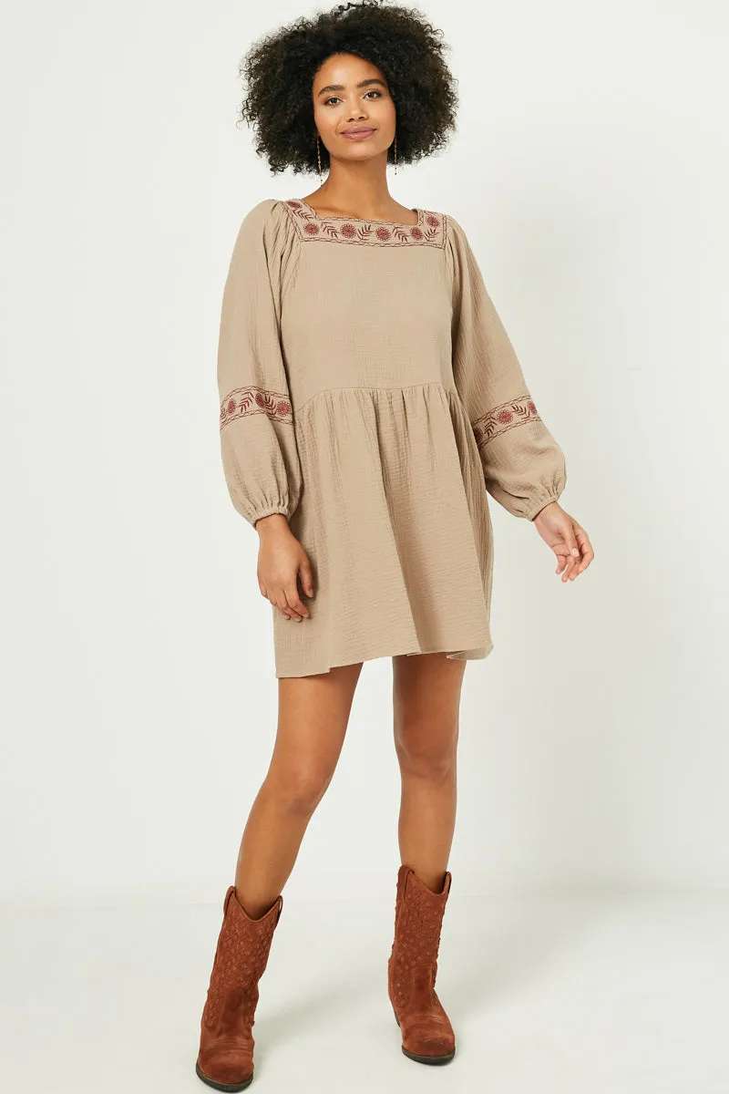Embroidered Square Neck and Sleeve Dress Body Positive Fitted waist