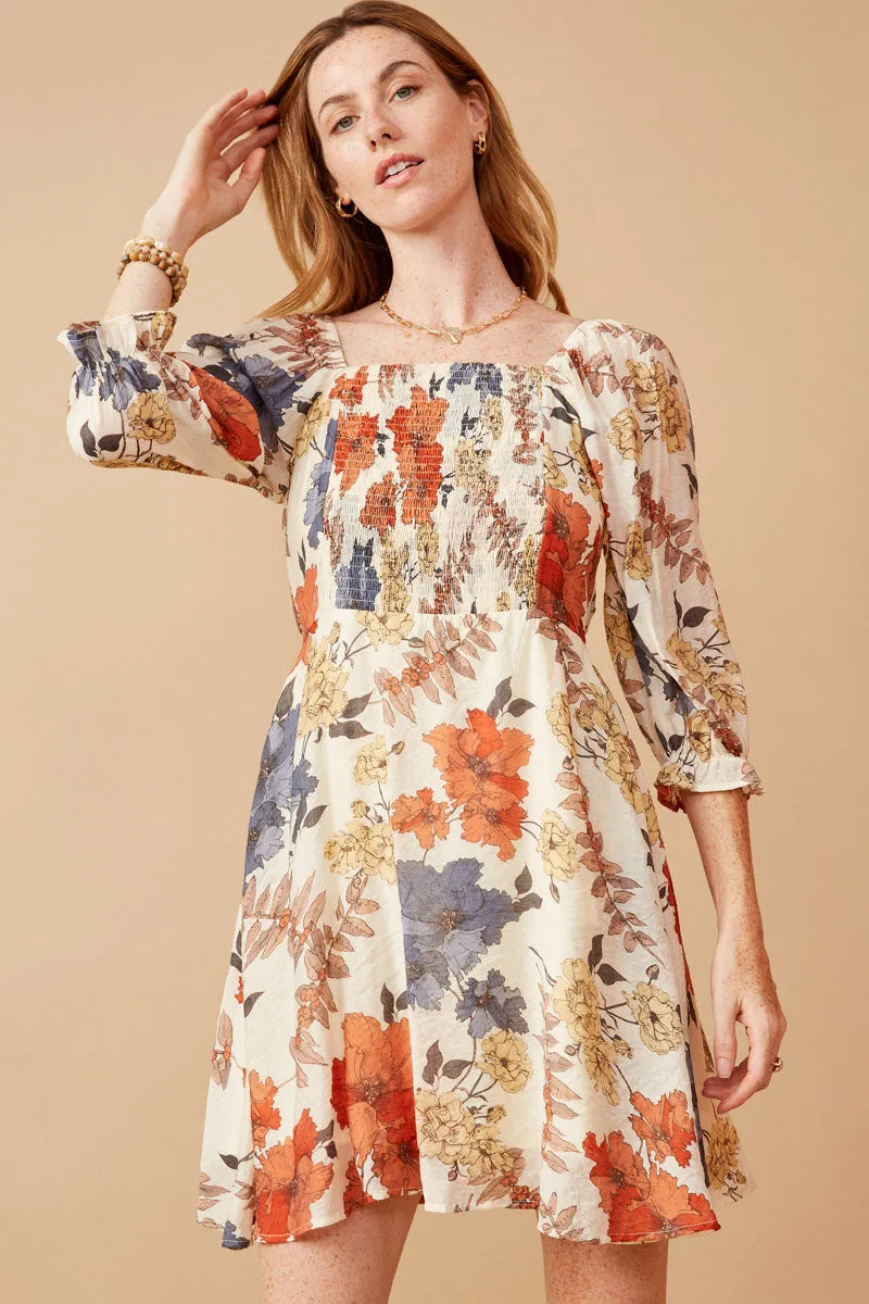 Lace Soft Textured Floral Smocked Square Neck Dress
