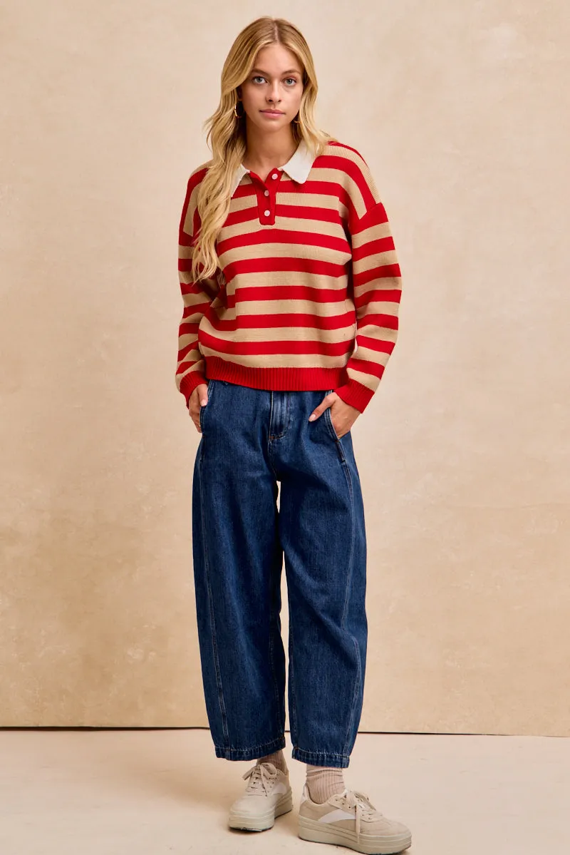 Light Touch Active Outfit IT4858S-01 | STRIPE KNIT BUTTONED COLLAR TOP