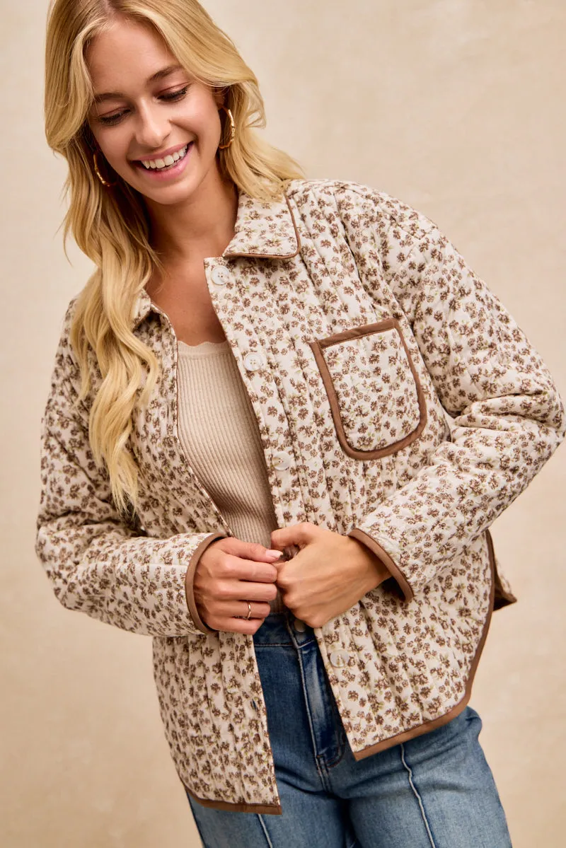 IT4846H-01 | FLORAL PRINTED VERTICAL QUILT JACKET TOP EcoFriendlyMaterial Urban Utility