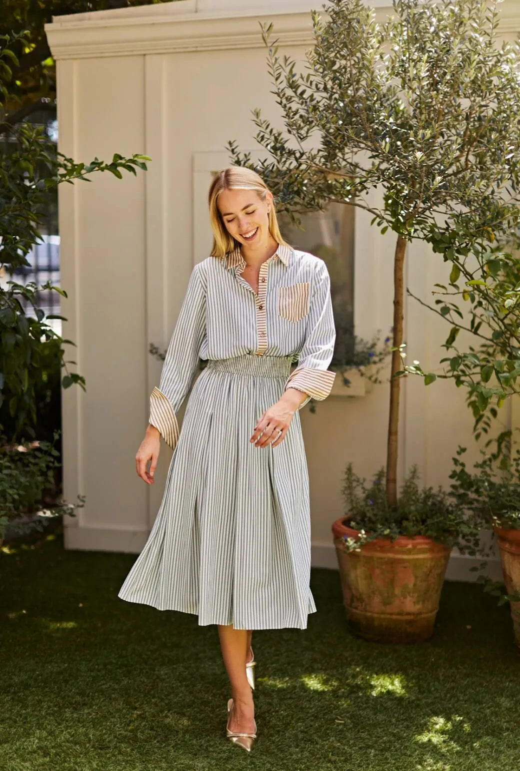 Smocked Waist MIDI Skirt - Deep Sea Stripe NonSlipInnerGrip Movement Ease