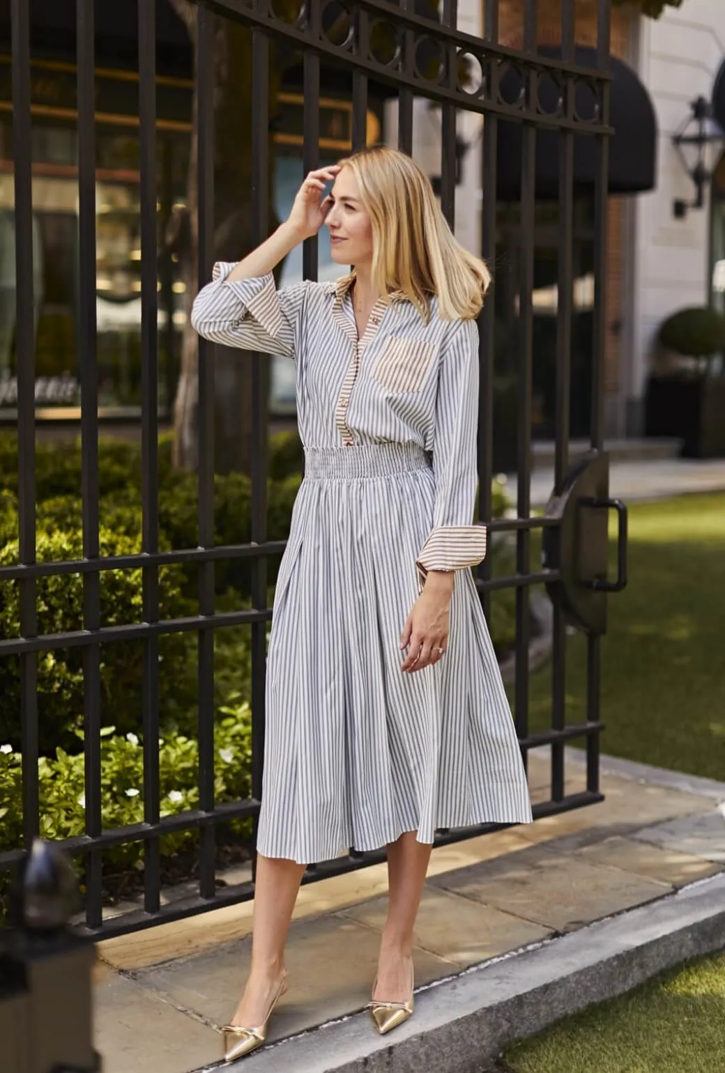 Hip Friendly Pockets Walk Friendly Smocked Waist MIDI Skirt - Deep Sea Stripe