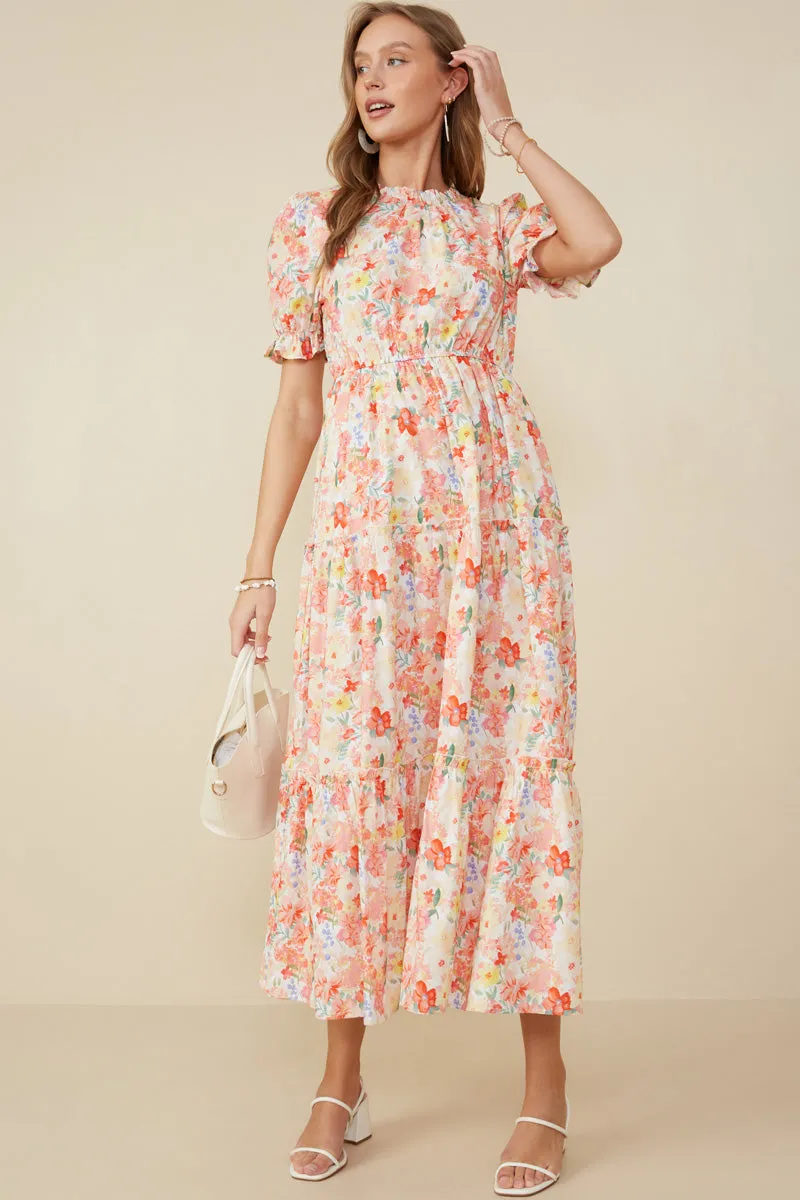 spring fresh Calm Aesthetic Ditsy Floral Puff Sleeve Tiered Dress