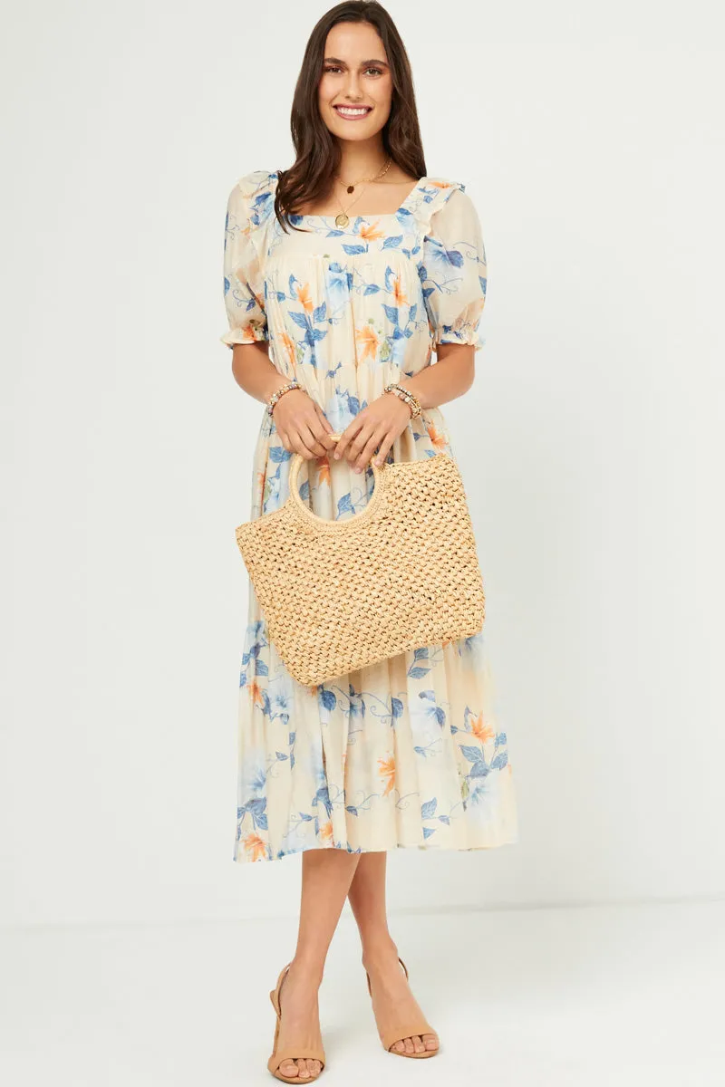 Versatile Piece Watercolor Floral Square Neck Ruffled Shoulder Dress