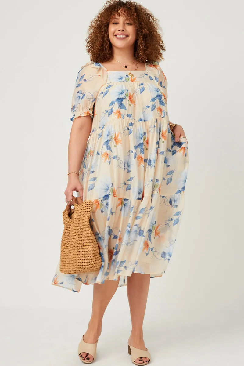 Day Magic Watercolor Floral Square Neck Ruffled Shoulder Dress