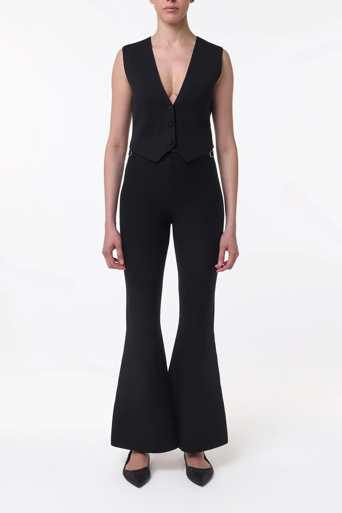 Styx Knit Vest in Black Merino Wool Cashmere Seamless construction ConvertibleCollar