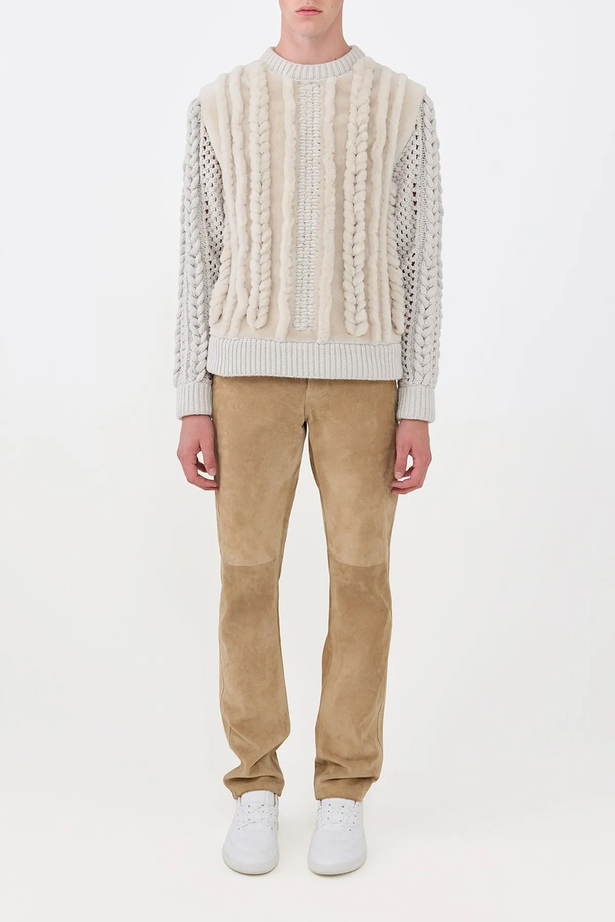Work Outfit Loop Back Finish Talus Knit Pullover in Ivory Cashmere & Shearling