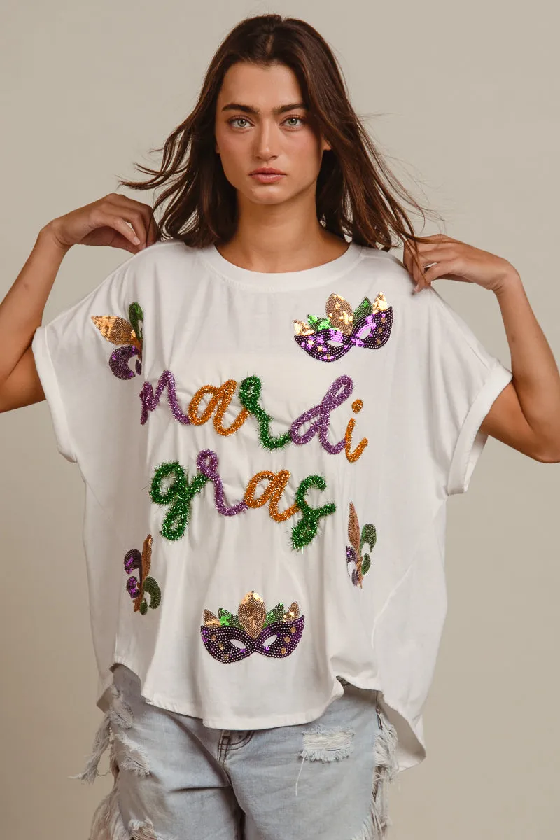 Quick-Dry Material IP8188G-17 | MARDI GRAS LETTERING AND SEQUIN PATCHES WASHED TOP