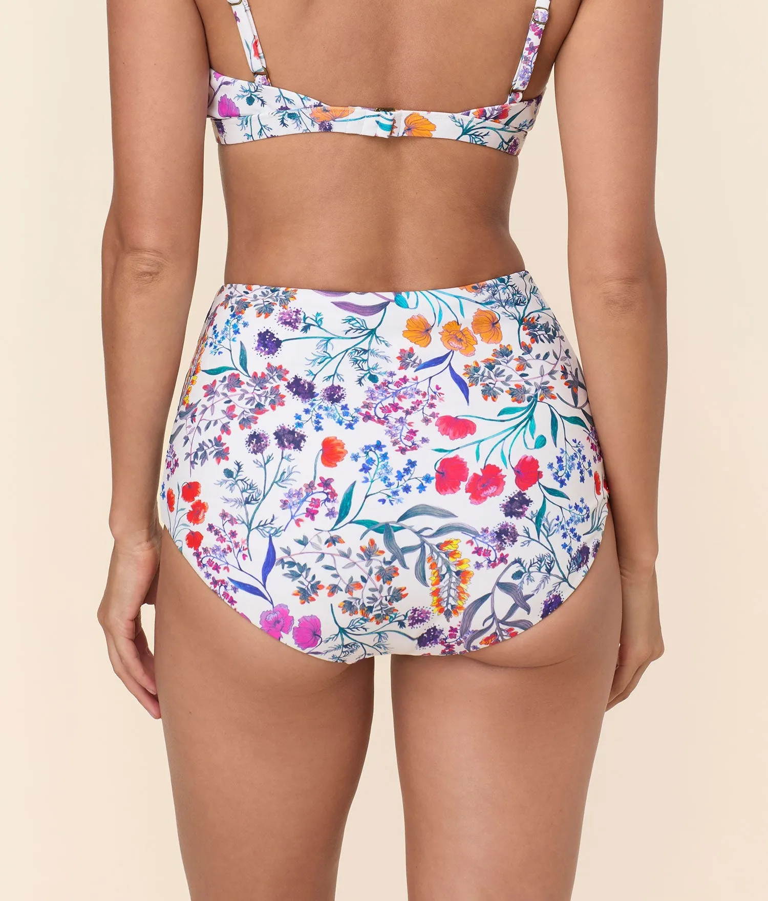 Super High Waist Bikini Bottom - Eco Nylon - Botanical Floral High Neck Cut