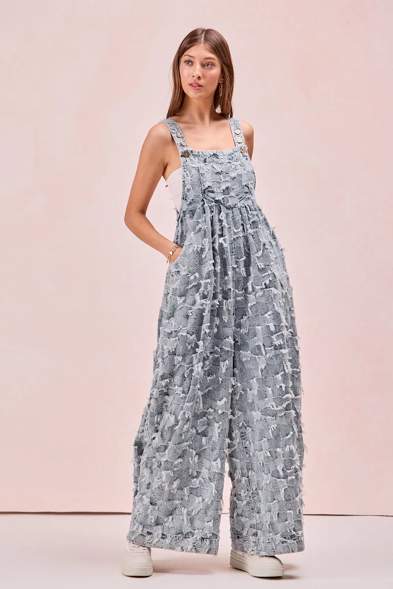 Odor Resistant Finish Day To Night Wear IB1130G-51 | FRAYED TEXTURE CHECKER DENIM OVERALLS WITH SIDE POCKETS