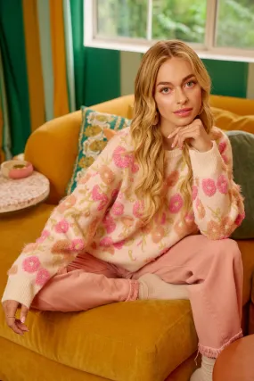 Adjustable Hem IP8563S-02 | TOWEL TEXTURE FLORAL PATTERN SWEATER KNIT TOP