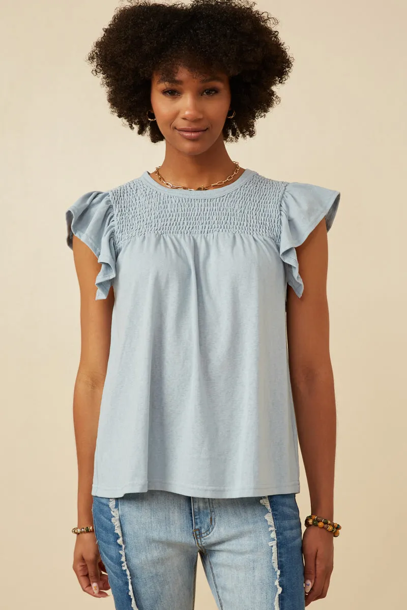 TexturedSurface Smocked Yoke Ruffle Shoulder Knit Top