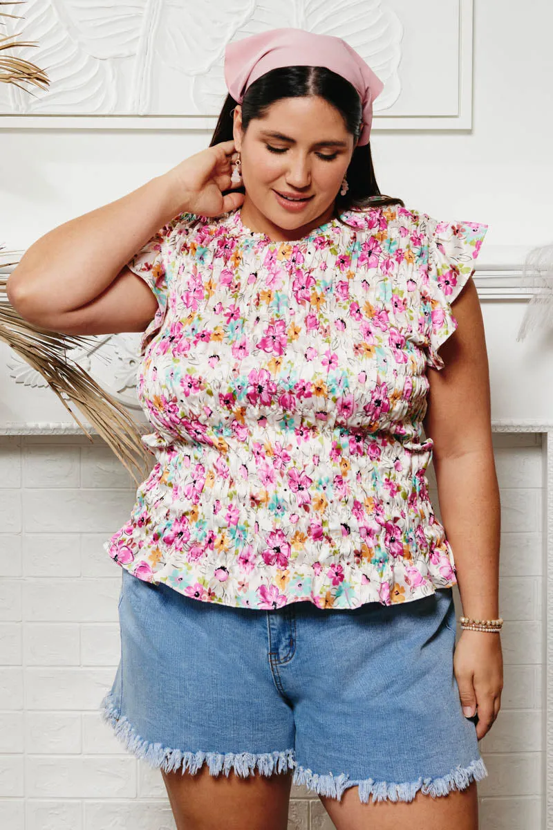 Floral Ruffled Shoulder Smocked Top Summer Style YarnDyeStripe