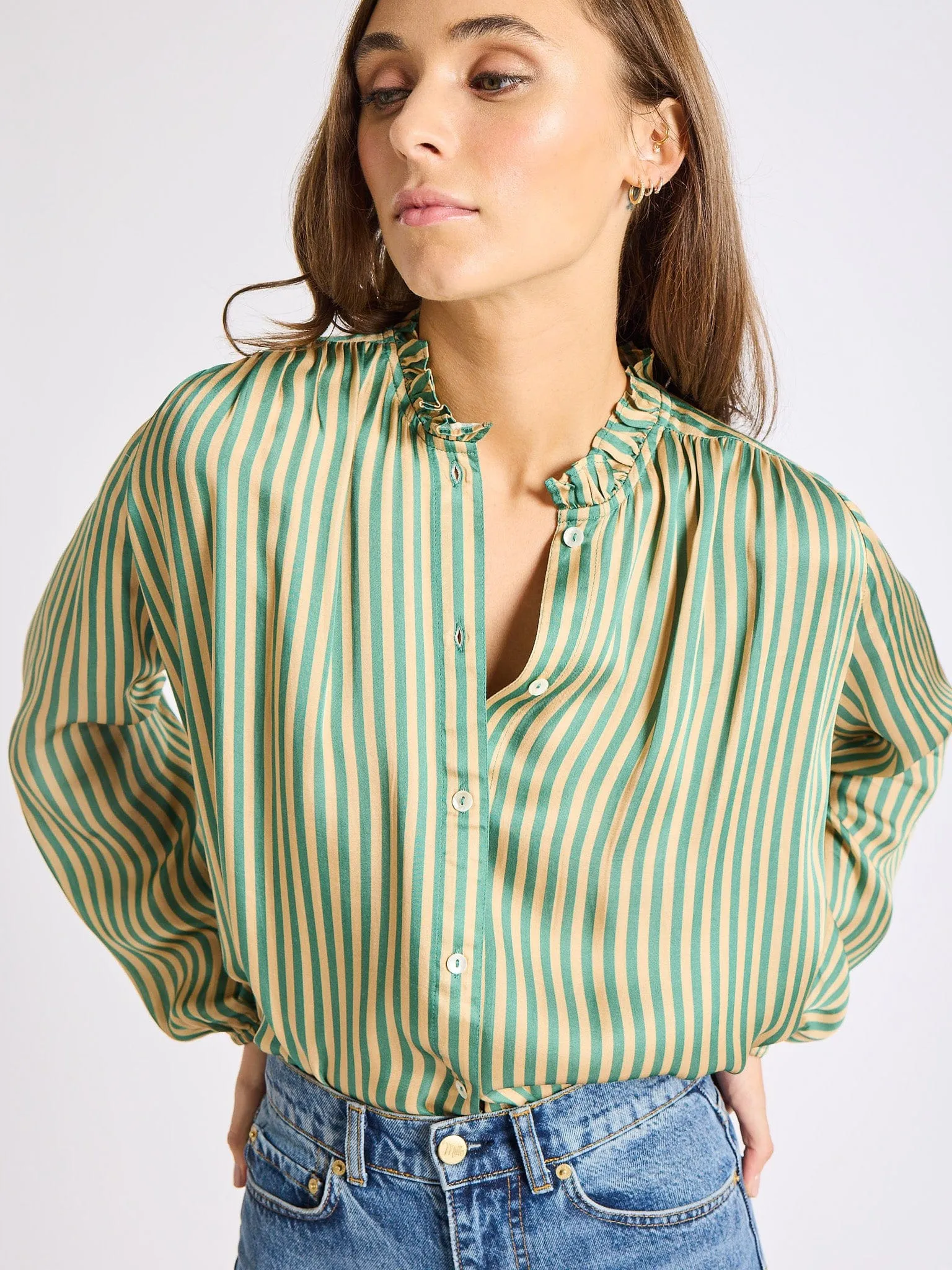 Francesca Top in Almond & Green Stripe Casual Style CompressionFit