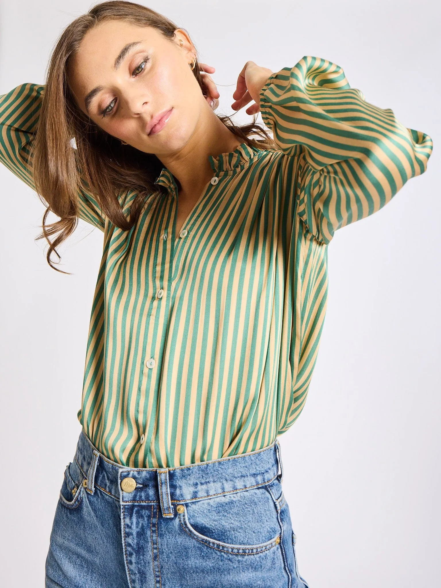 Francesca Top in Almond & Green Stripe Durable Chainstitch AntiStatic Treatment