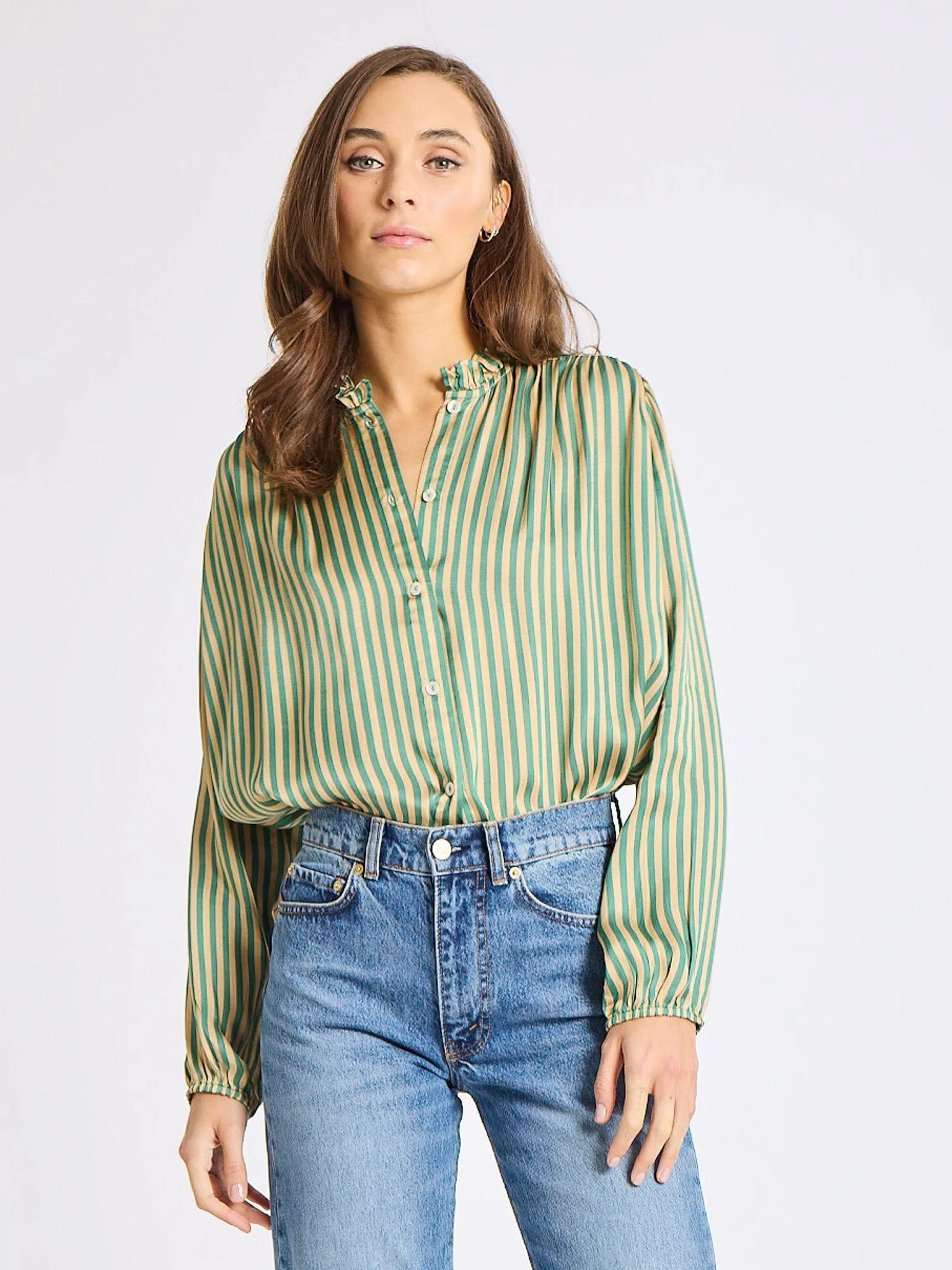 FrenchTerryTexture Basic Tee Francesca Top in Almond & Green Stripe