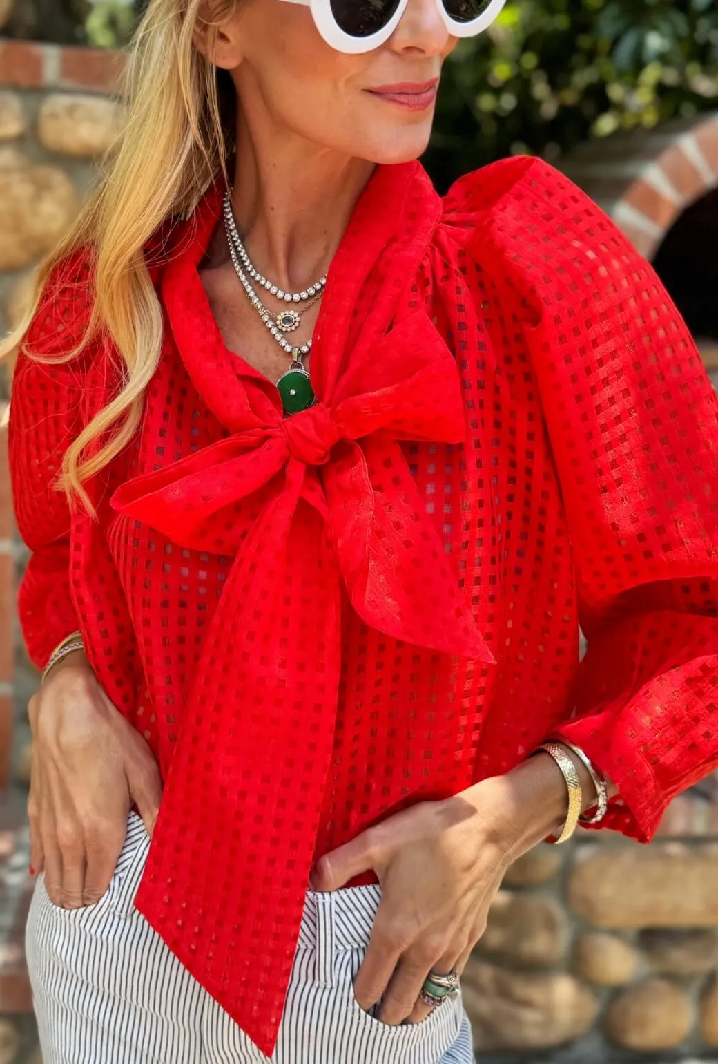 Big Bow Blouse - Red Sheer Gingham Tagless Design Relaxed Tee