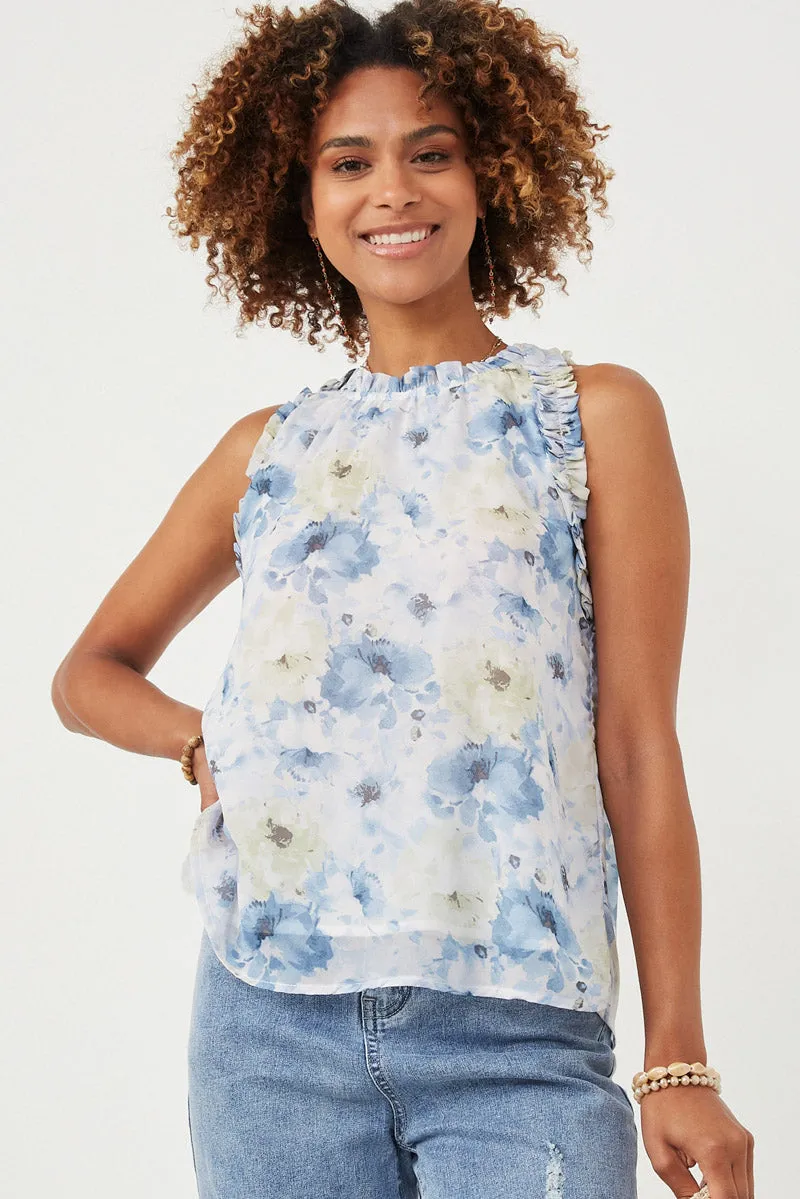 Ruffle Trimmed Floral Chiffon Tank Soft Cotton Blend
