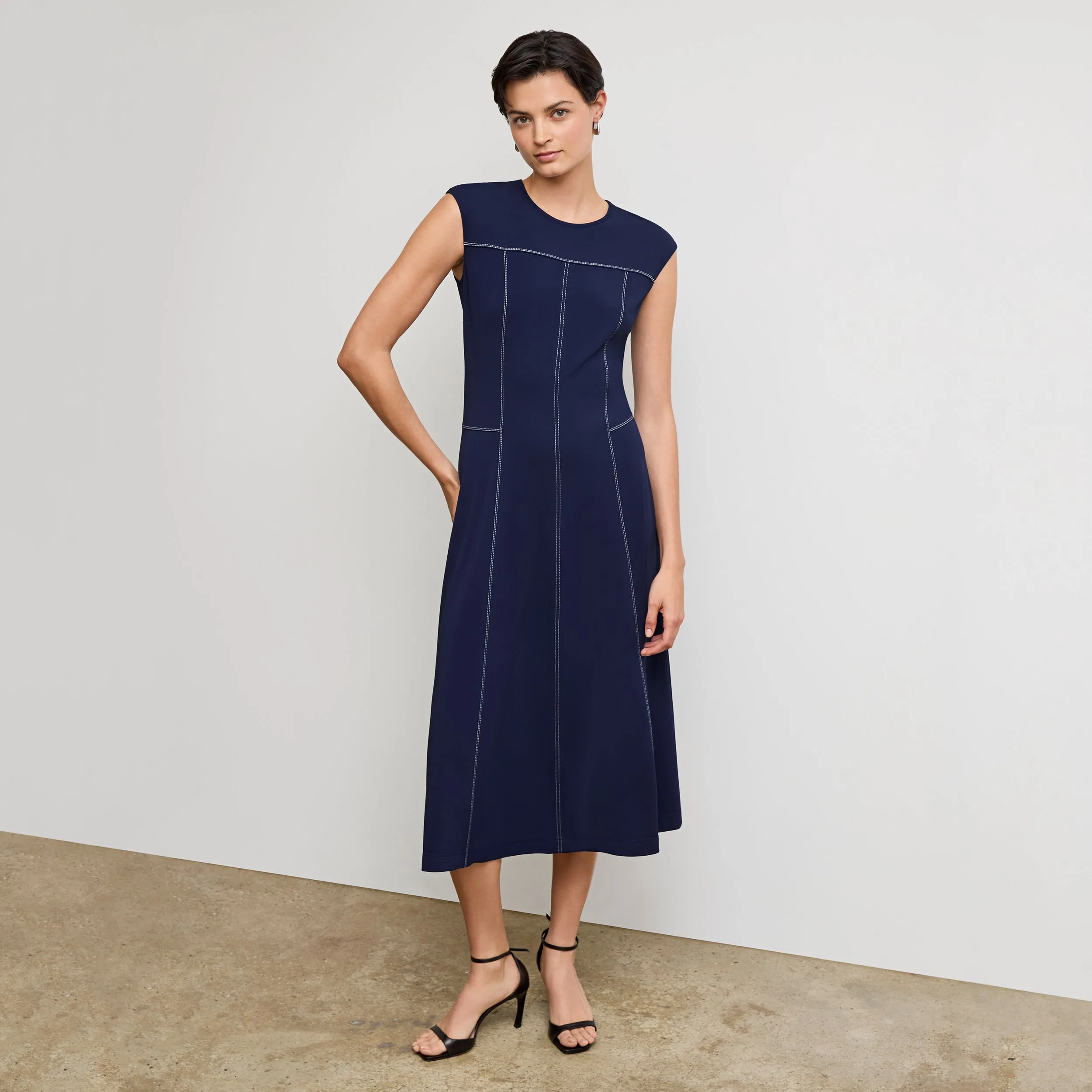 Sylvie Twirl Dress - Italian Jersey :: Soft Navy ShrinkResistant Weave Breathable fabric TexturedSurface