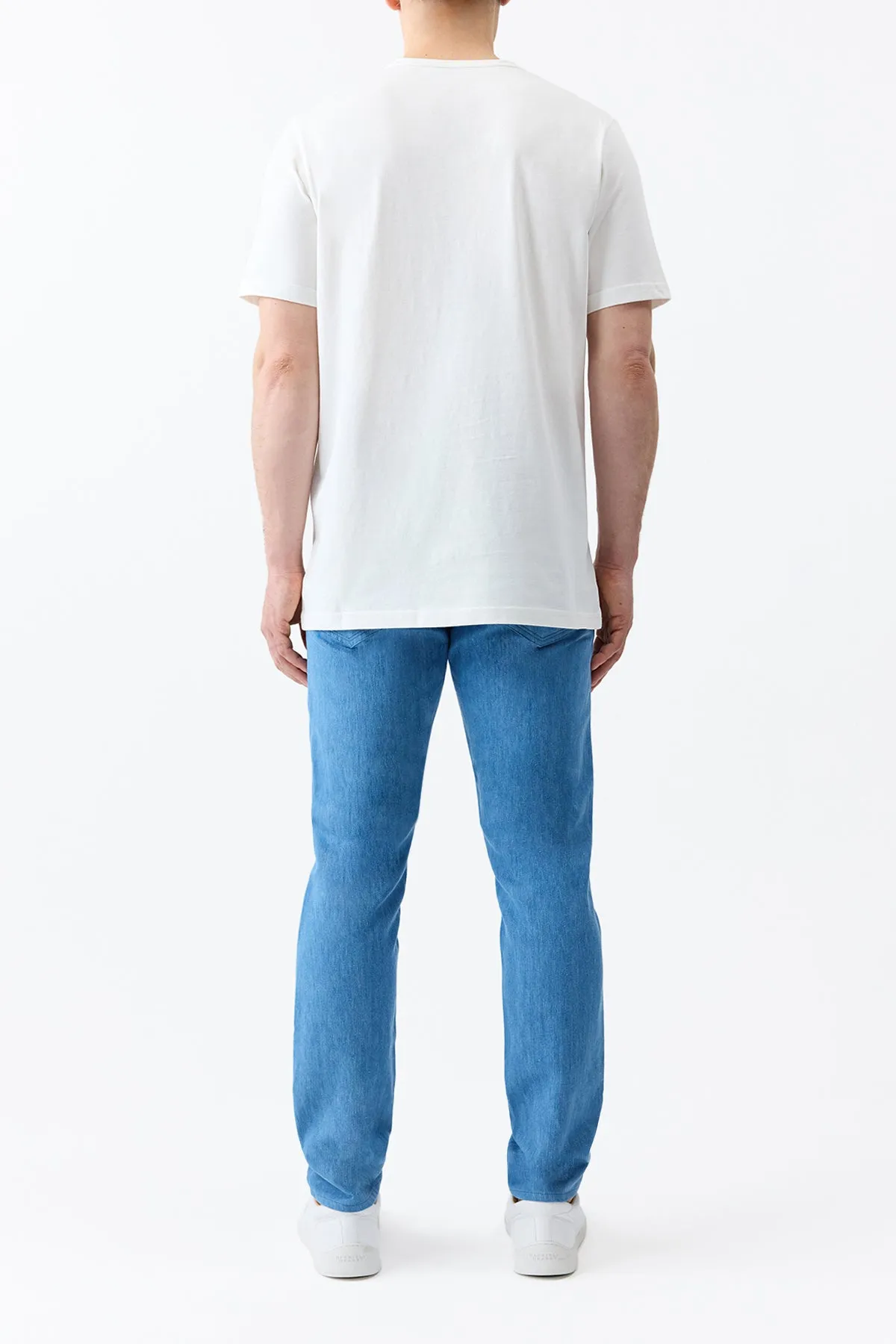 Anthony Five Pocket Pant in Light Blue Cotton Linen Denim NonToxic Certification Stretchy Top