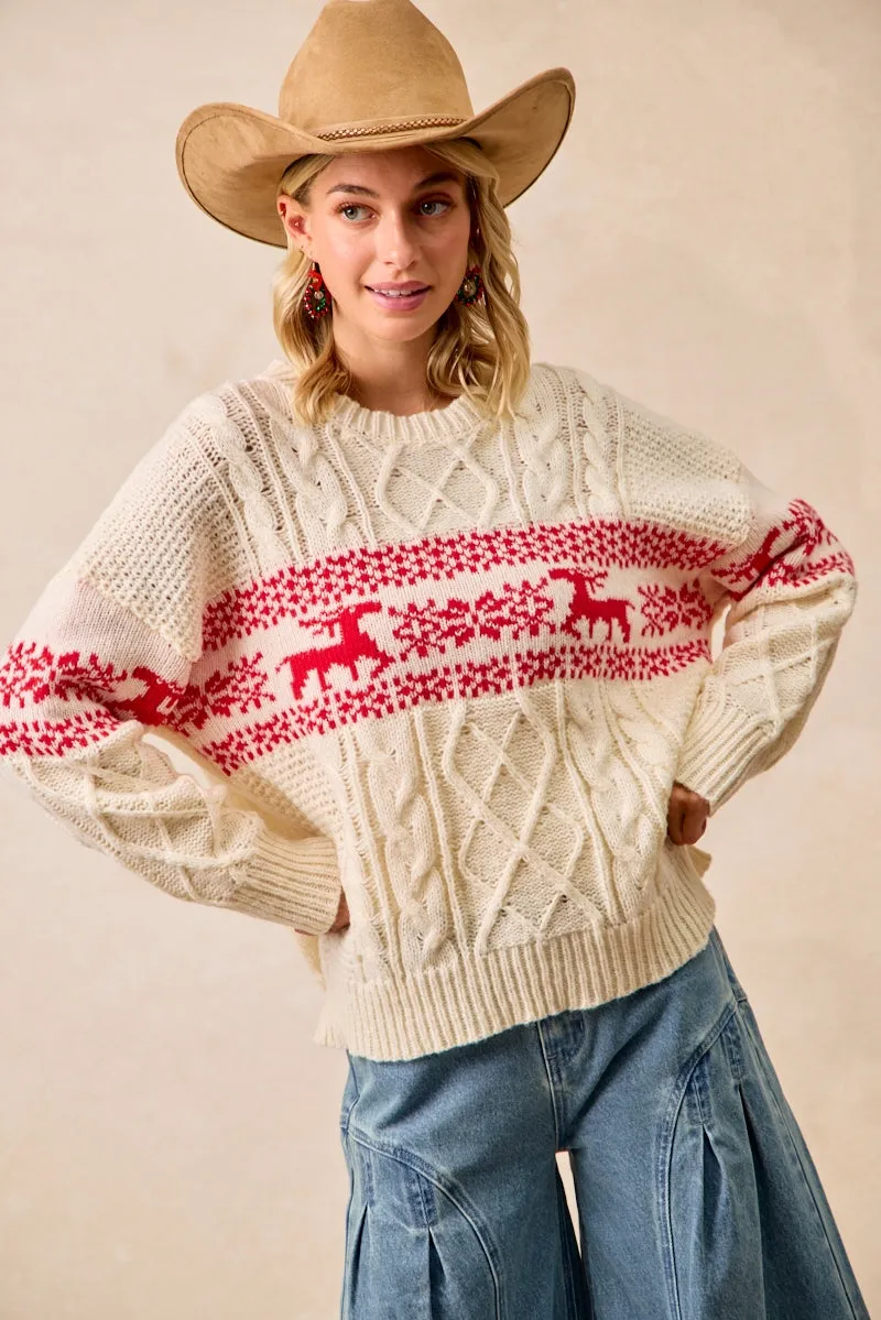 Thermo Regulating Warm Layers IT4763-01 | CHRISTMAS THEME PATTERNED CABLE KNIT SWEATER