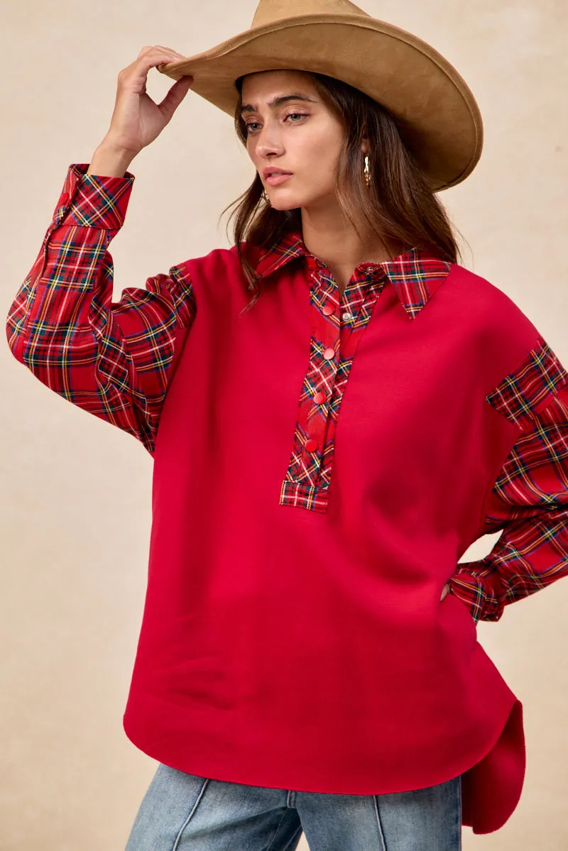 Side Pockets IT1973S-03 | BRUSHED TERRY WITH CHRISTMAS PLAID COLLARED TOP