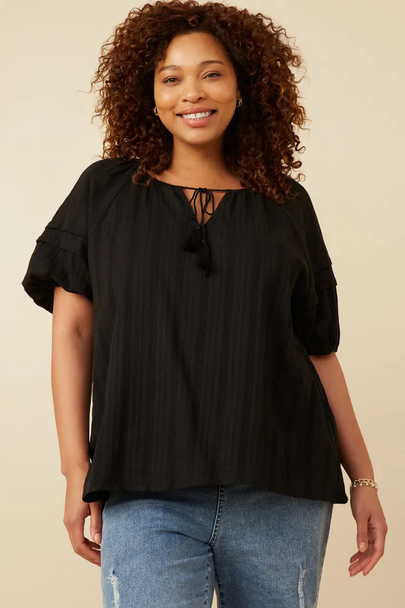 Tasseled Pleated Sleeve Crochet Textured Top StretchComfortDesign