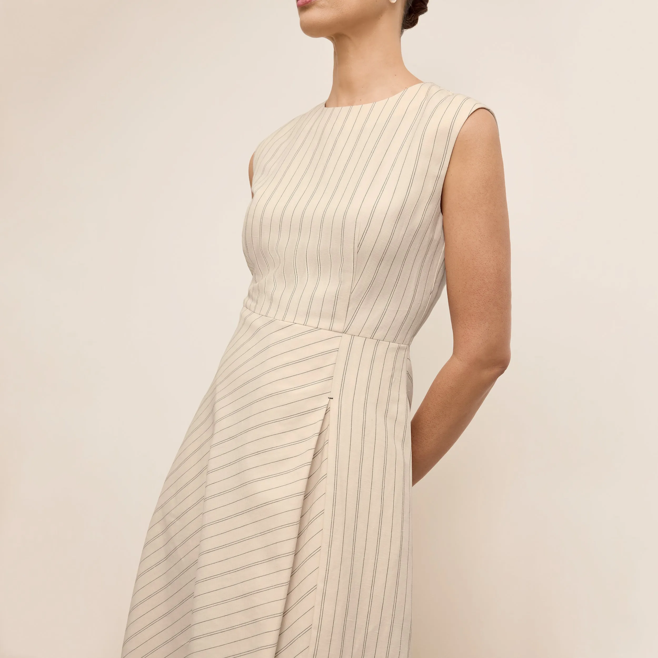 Reinforced Buttonholes HypoallergenicMaterial Tati Pleat Dress - Breeze Stripe :: Ecru/Navy