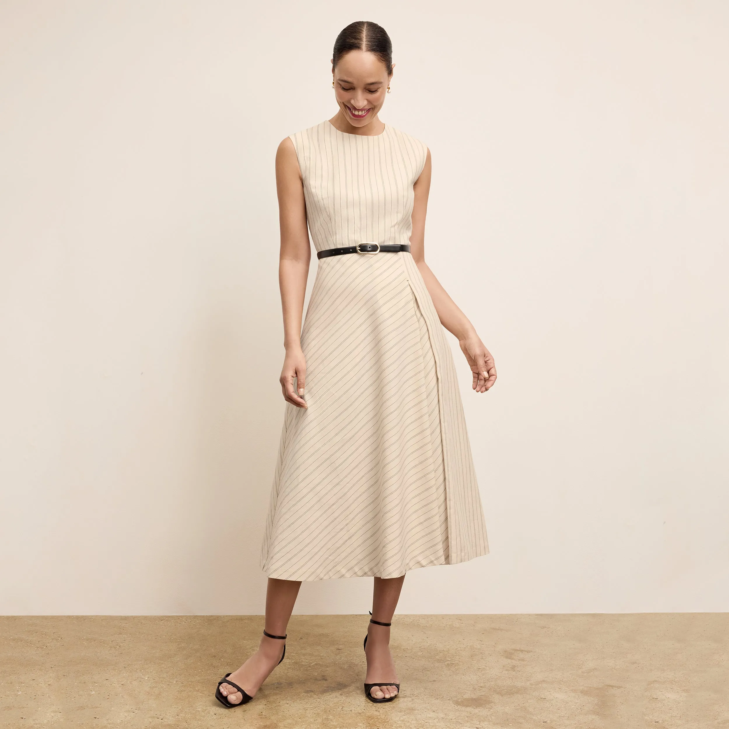 Stylish Dress Friction Resistant Finish Tati Pleat Dress - Breeze Stripe :: Ecru/Navy