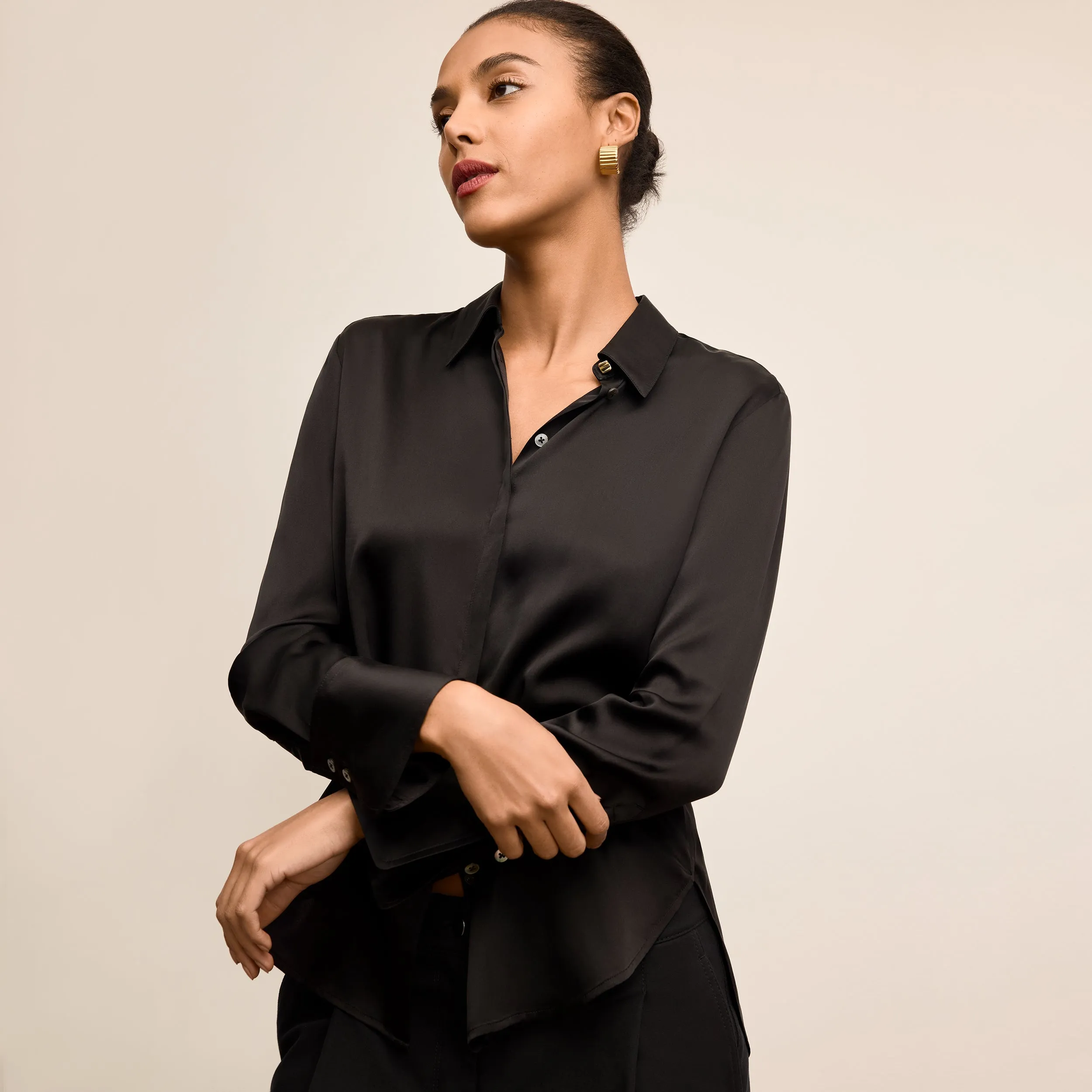 Tatum Button-Down Shirt - Washable Silk Charmeuse :: Black Drop Shoulder Silhouette LightweightDesign