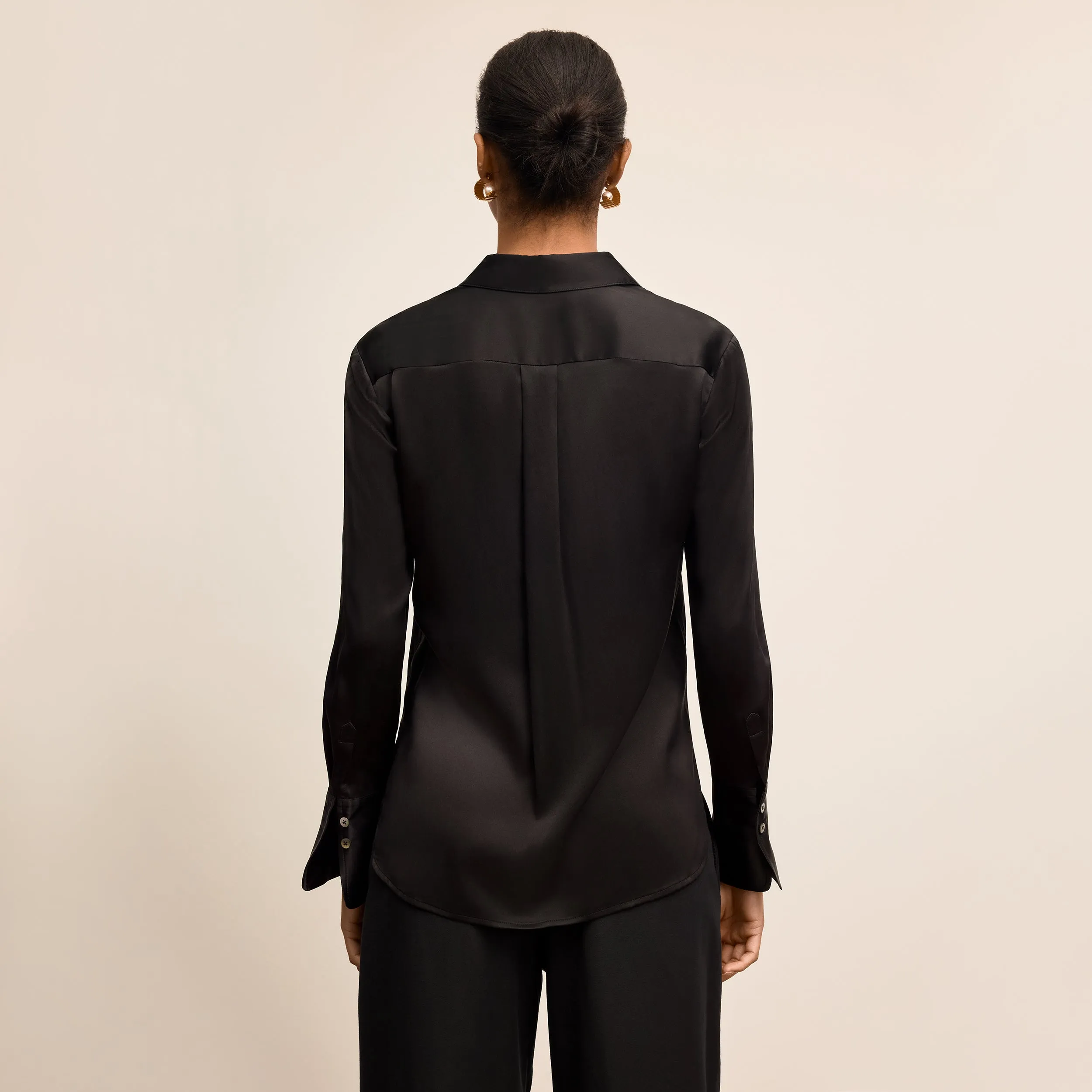 Tatum Button-Down Shirt - Washable Silk Charmeuse :: Black Layered Neckline Details