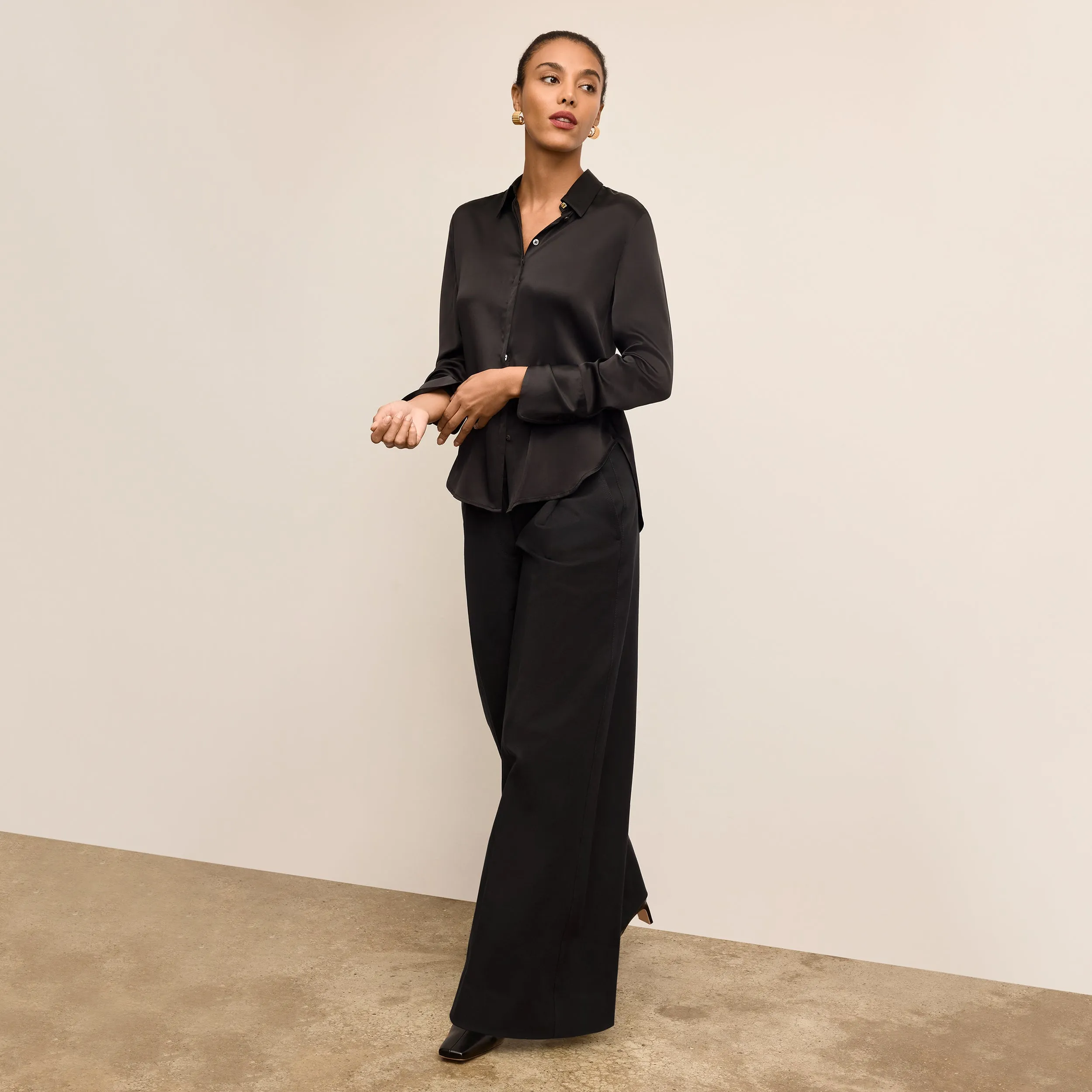 Tatum Button-Down Shirt - Washable Silk Charmeuse :: Black Seamless Design Sustainable Manufacturing