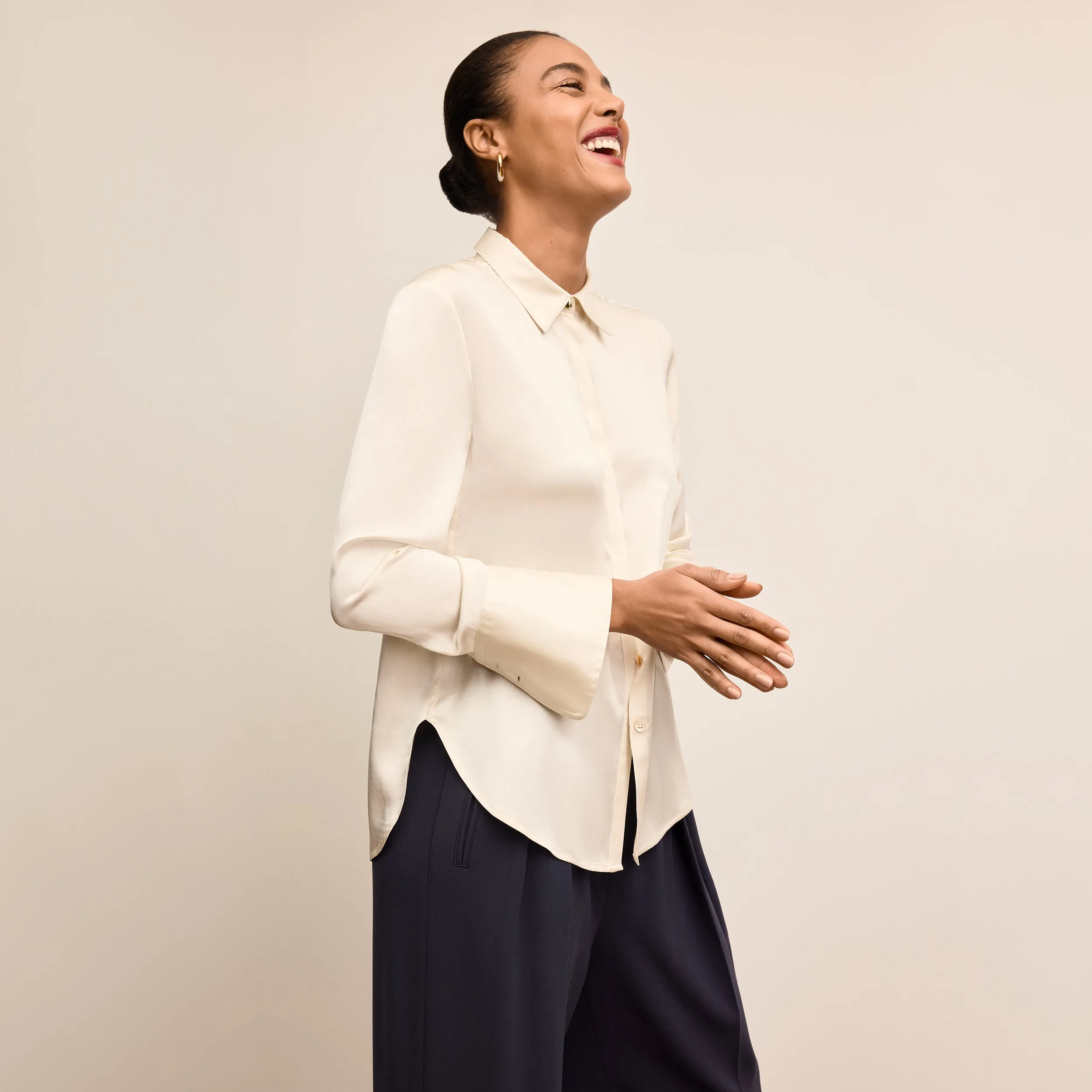 Glow In The Dark Accent Trim Tatum Shirt - Washable Silk Charmeuse :: Ivory