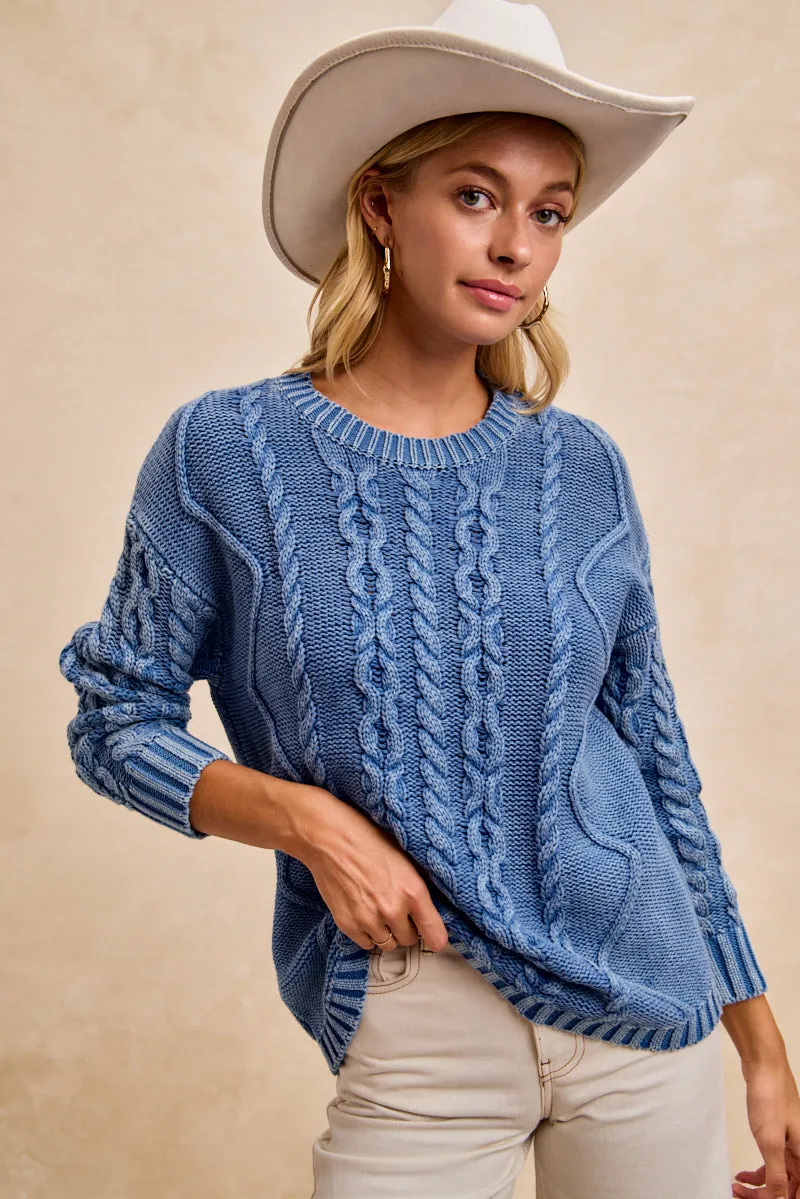 Flexible Durability IT4740G-01 | WASHED CABLE KNIT PATTERN SWEATER TOP