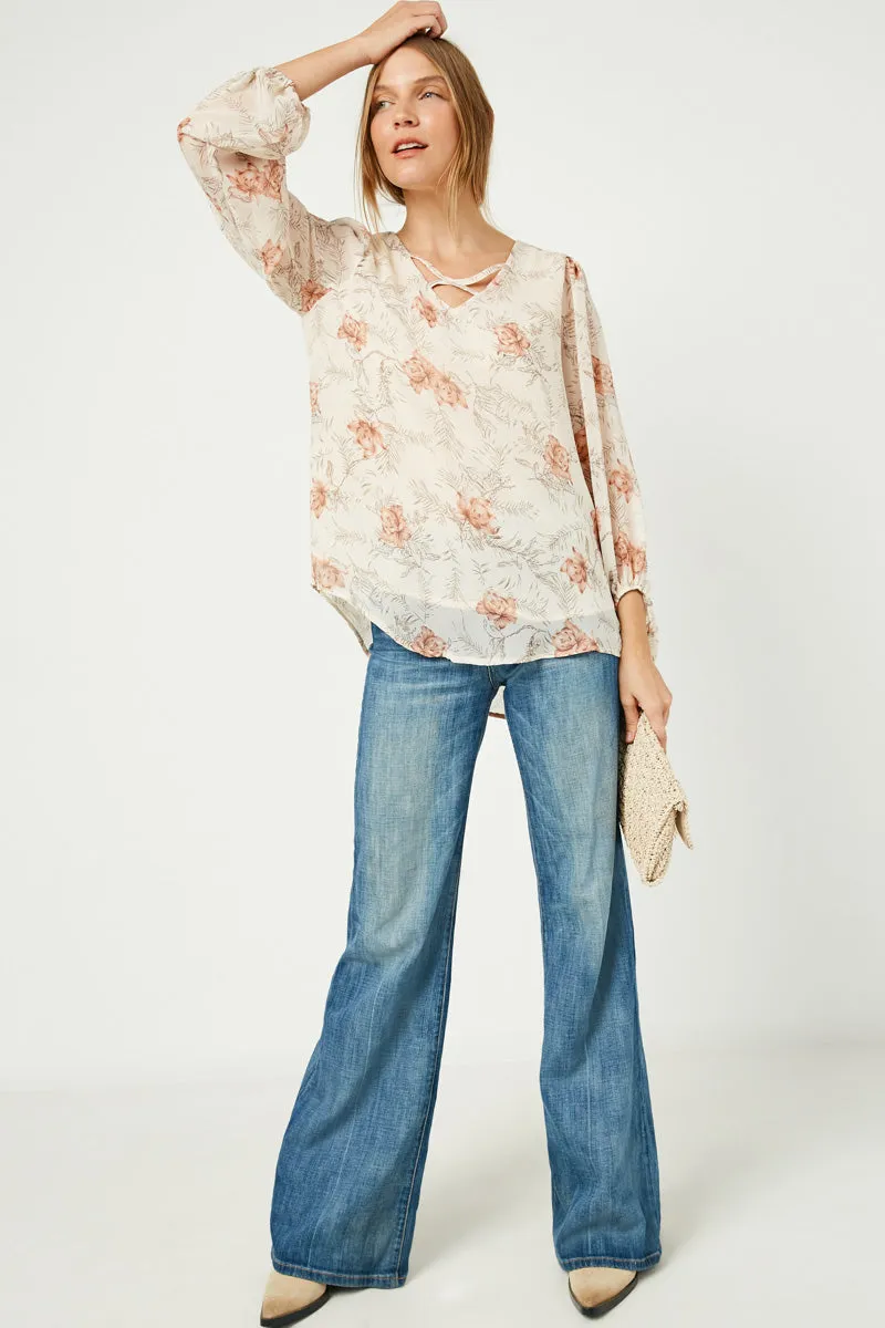 Noise Reduced Zipper Flatlock Seam Design Strappy V Neck Balloon Sleeve Top