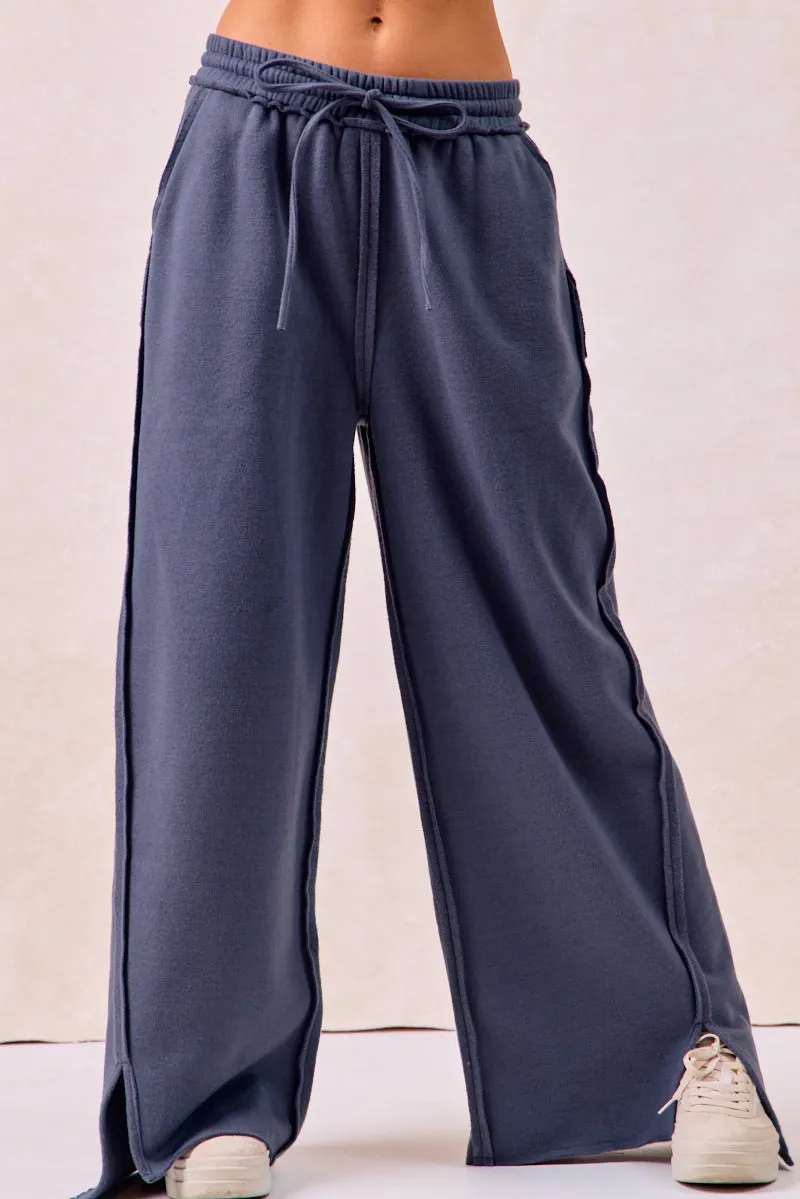 IB1840K-01 | SOLID FRENCH TERRY PANTS WITH CUT EDGE DETAILS Stretchy Material