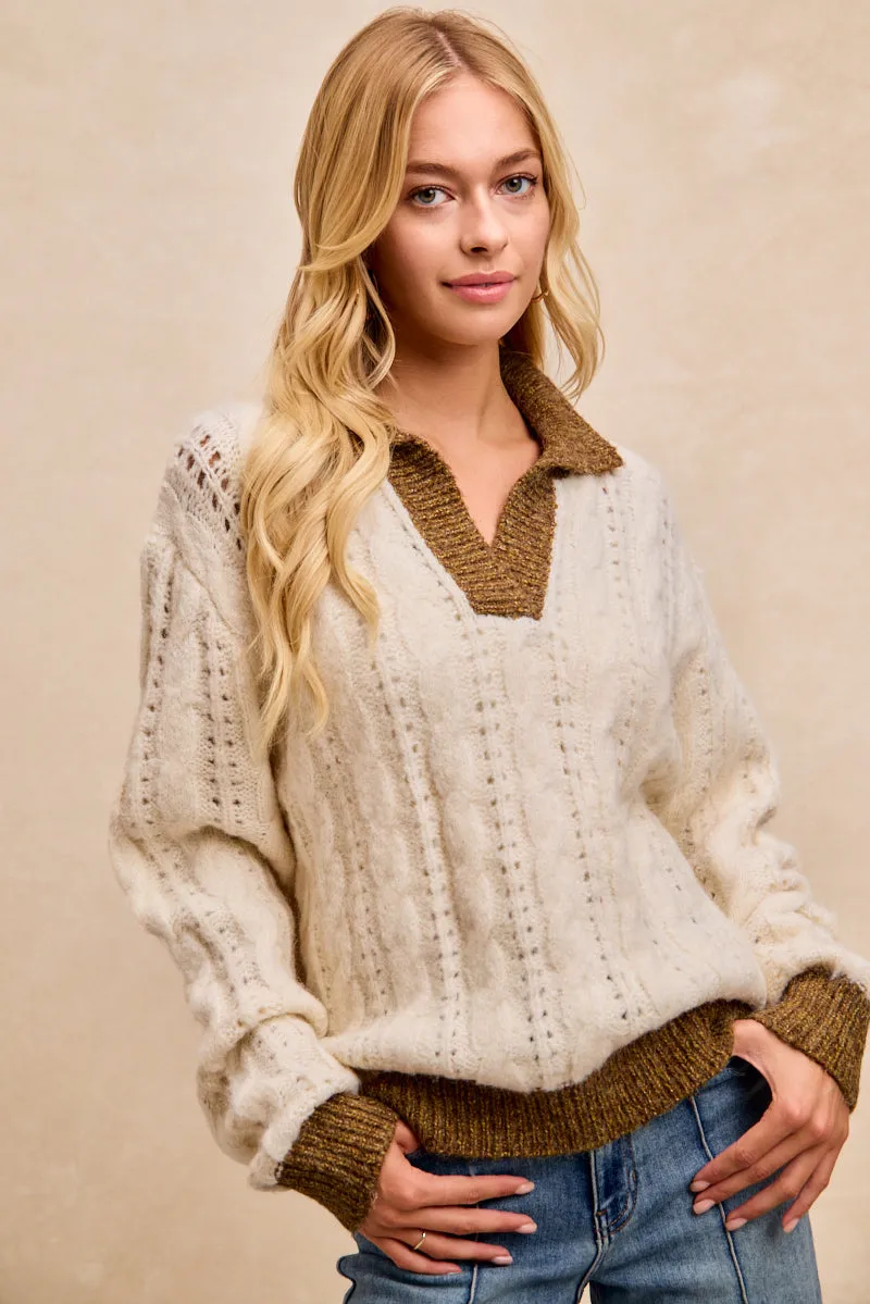 IT4897-01 | CABLE KNIT CONTRAST COLLARED V NECK TOP Double Stitched Hem AntiPillingTreatment