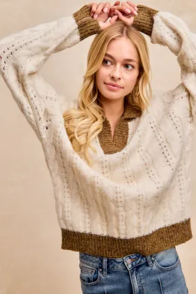 IT4897-01 | CABLE KNIT CONTRAST COLLARED V NECK TOP Breathable Underarm Gussets